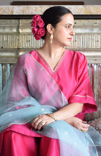 Rohini Chanderi Set with Hand Embroidered Choga Kurta and Wide Legged Pyjama