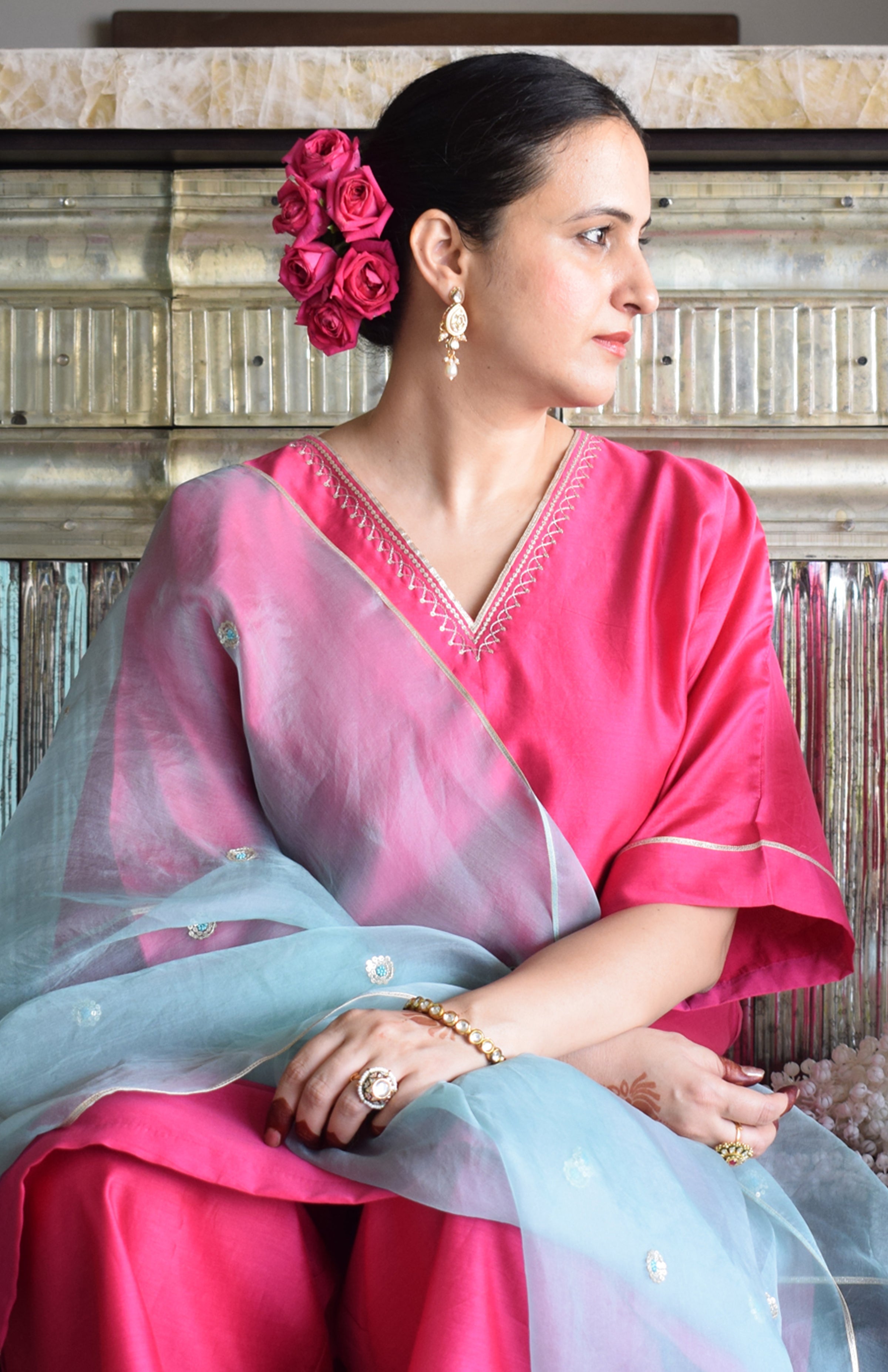 Rohini Chanderi Set with Hand Embroidered Choga Kurta and Wide Legged Pyjama