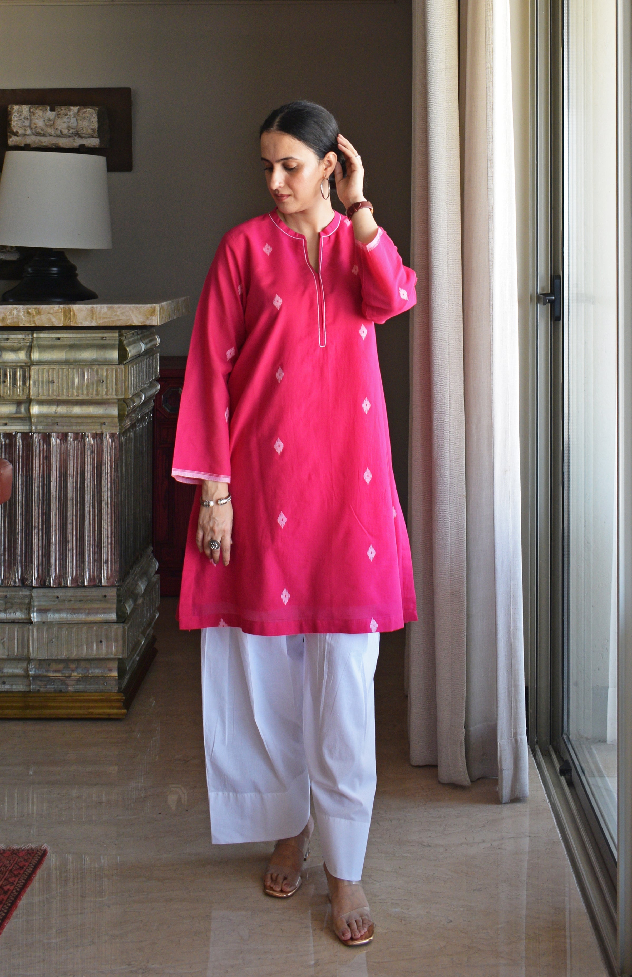 Rani Pink Jamdani Short Kurta with Pleated White Pyjama