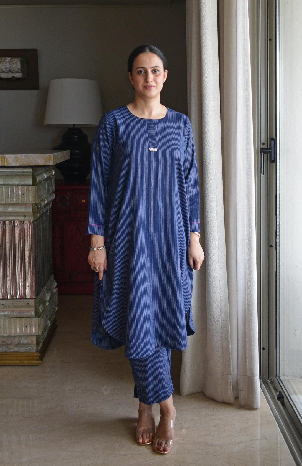 Navy Blue Striped Co-ord Set in Handwoven Cotton