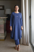 Navy Blue Striped Co-ord Set in Handwoven Cotton
