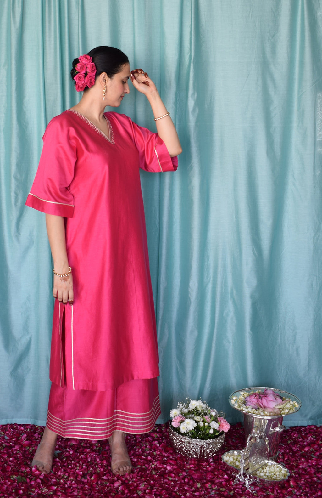 Rohini Chanderi Set with Hand Embroidered Choga Kurta and Wide Legged Pyjama