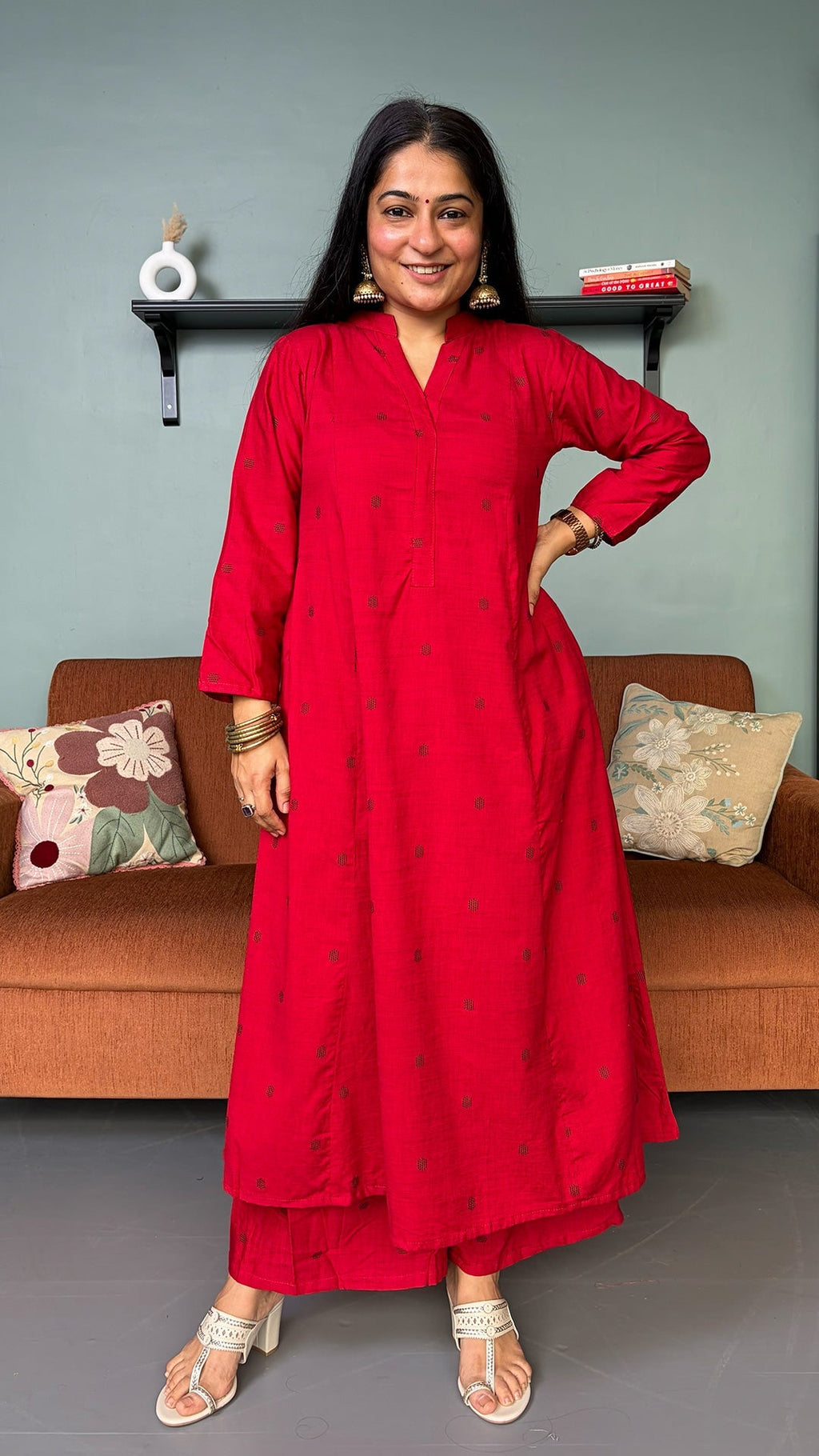 Simran Red Hand Woven Kali Cotton Kurta