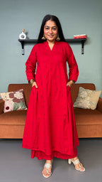 Simran Red Hand Woven Kali Cotton Kurta
