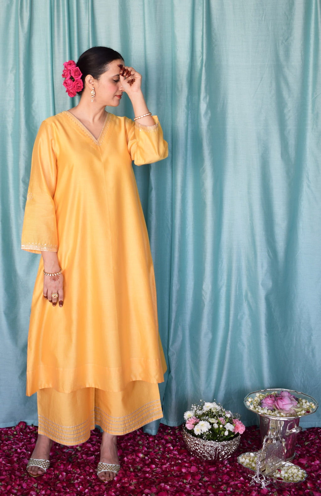 Kanak Chanderi Set with Hand Embroidered A line Kurta and Wide Legged Pyjama