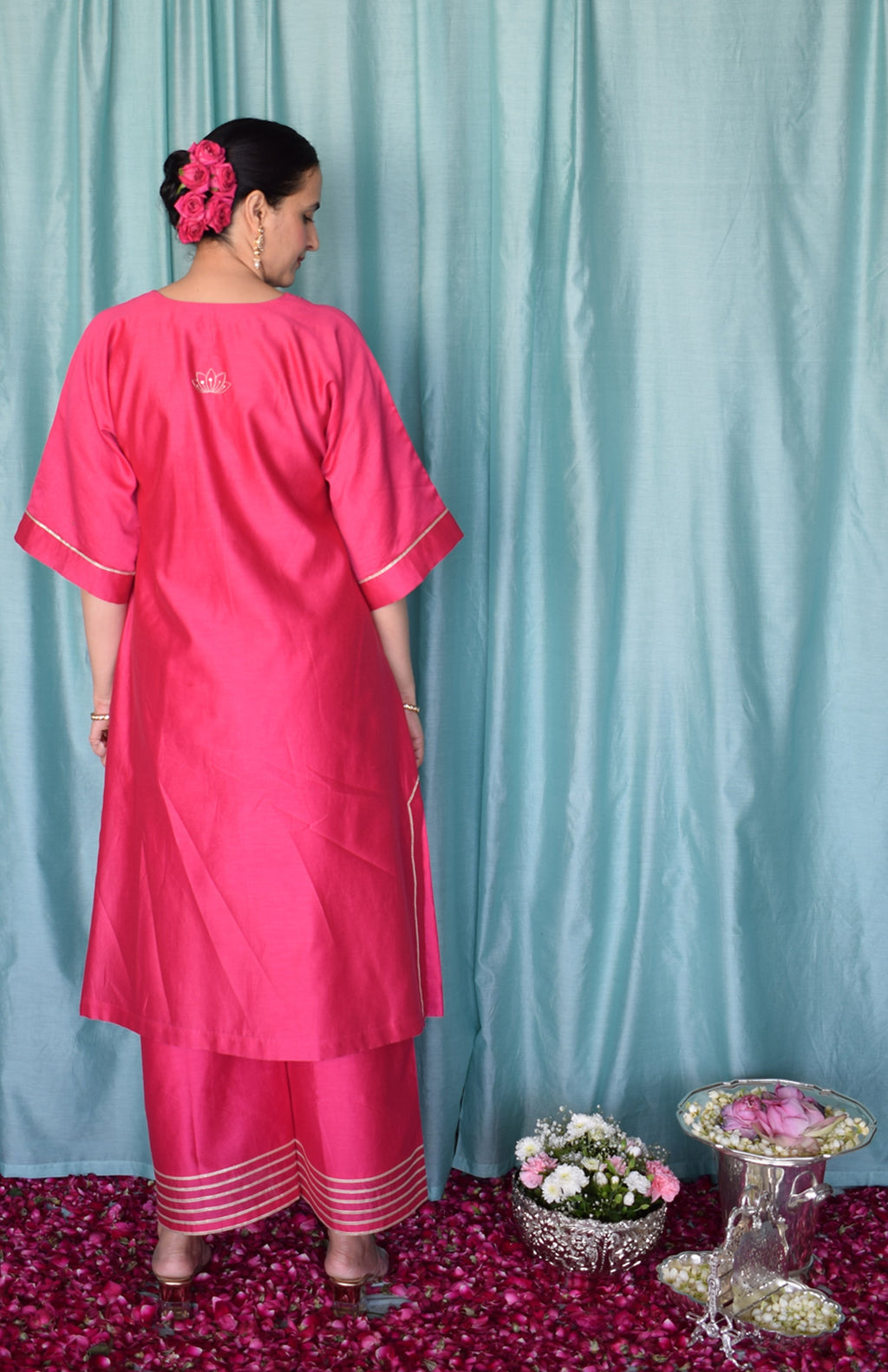 Rohini Chanderi Set with Hand Embroidered Choga Kurta and Wide Legged Pyjama