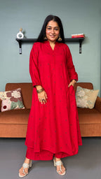 Simran Red Hand Woven Kali Cotton Kurta
