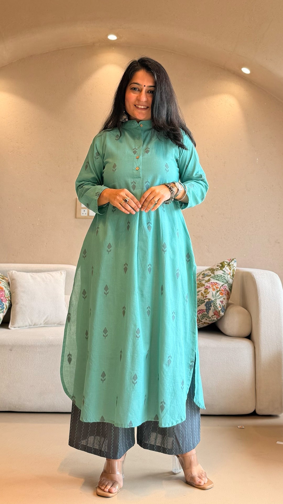 Mehaa Hand Woven Cotton Kurta - Turquoise
