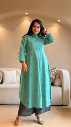 Mehaa Hand Woven Cotton Kurta - Turquoise