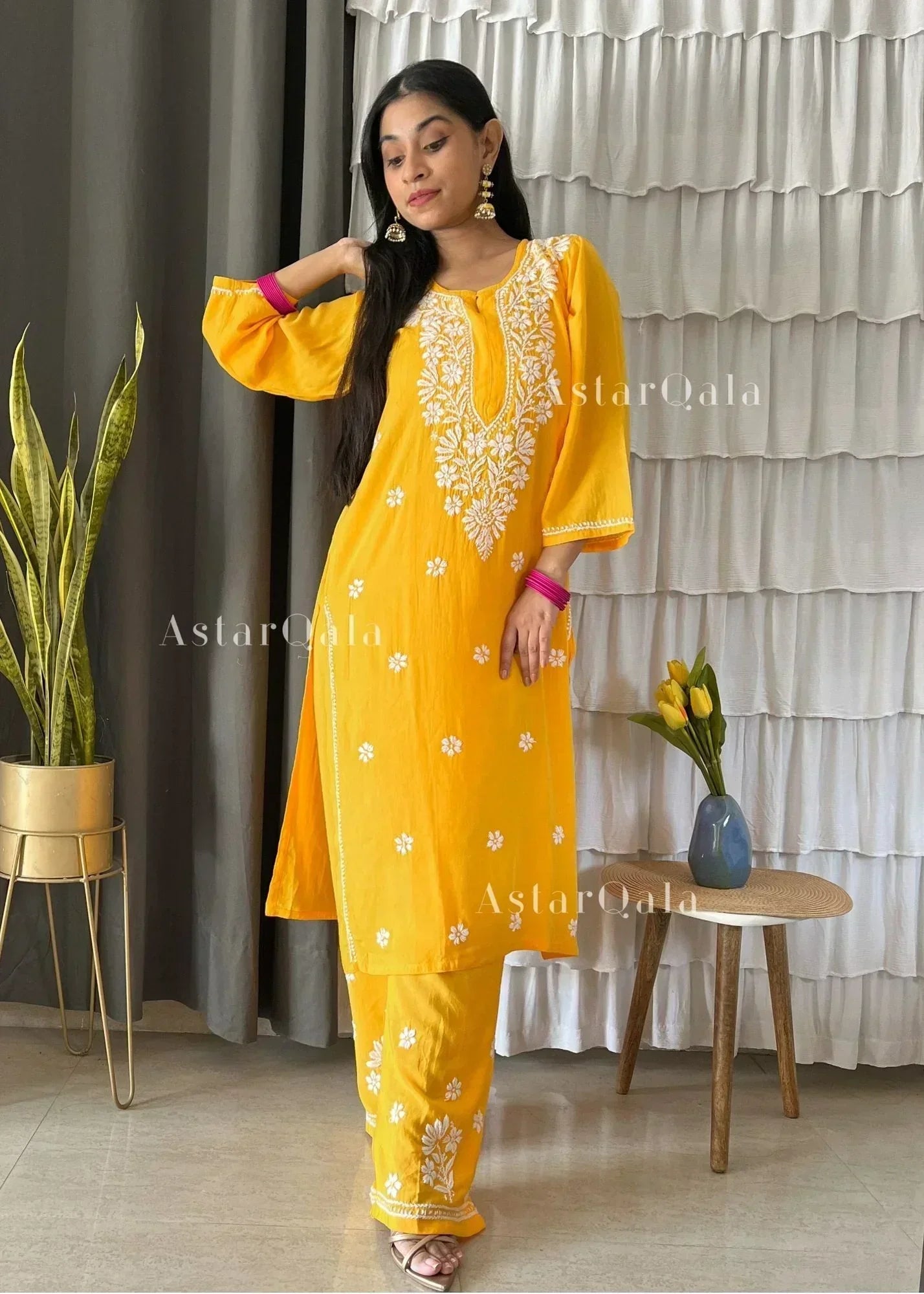 Bhavna Yellow Cotton Chikankari Straight Kurta Set