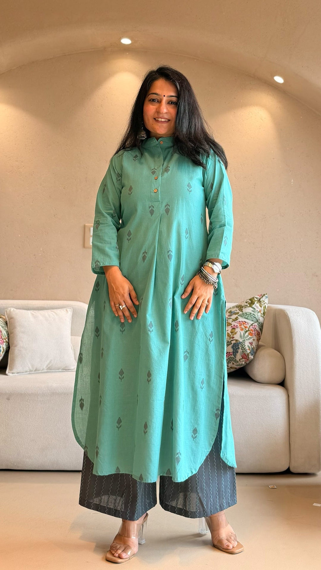 Mehaa Hand Woven Cotton Kurta - Turquoise