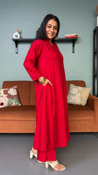 Simran Red Hand Woven Kali Cotton Kurta