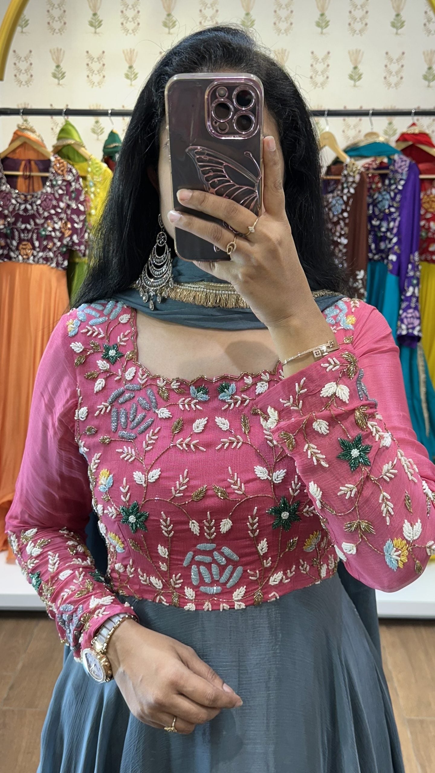 Urvashi Pink Grey Printed Suit Set