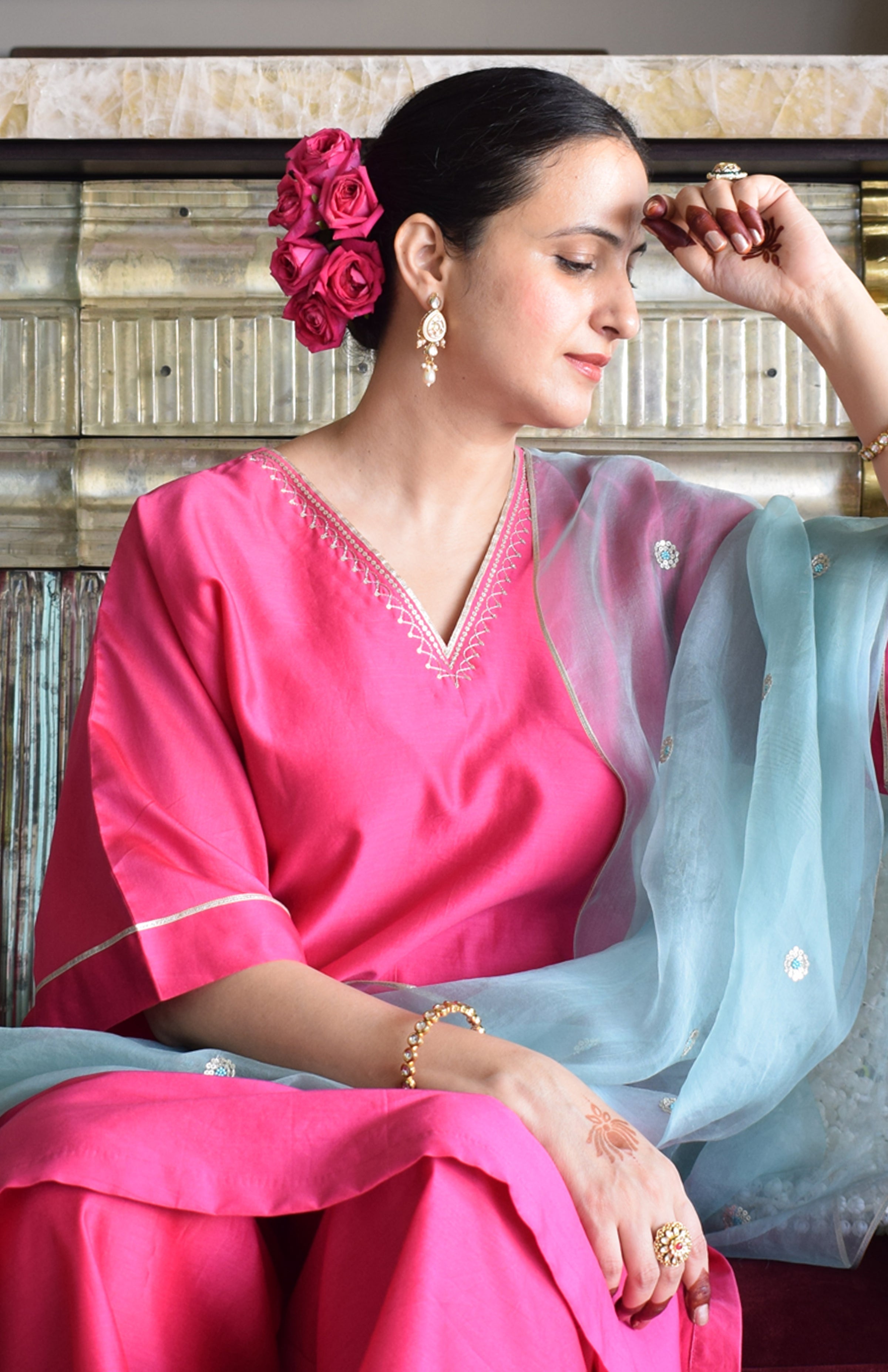 Rohini Chanderi Set with Hand Embroidered Choga Kurta and Wide Legged Pyjama