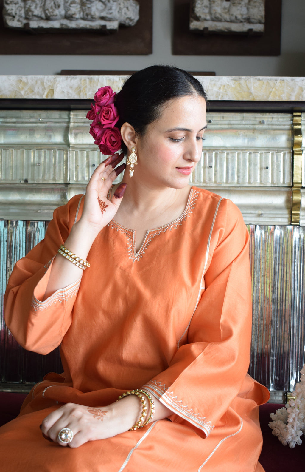 Neerja Chanderi Set with Hand Embroidered Phiran Kurta and Wide Legged Pyjama