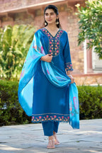 Anaya Teal Blue Embroidered Straight Kurta Set