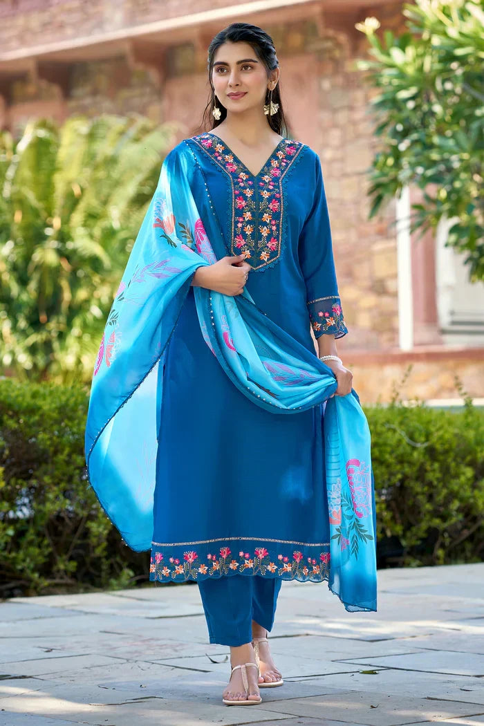 Anaya Teal Blue Embroidered Straight Kurta Set