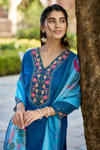 Anaya Teal Blue Embroidered Straight Kurta Set