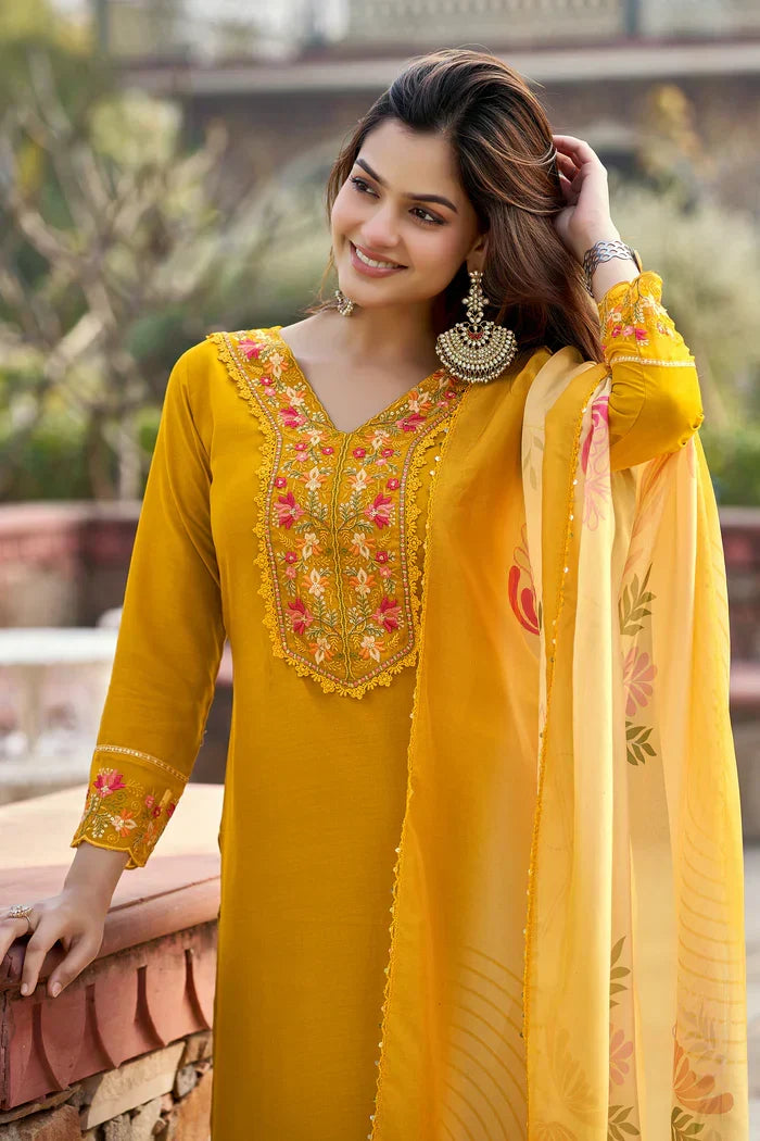 Eshika Mustard Chanderi Straight Kurta Dupatta Set
