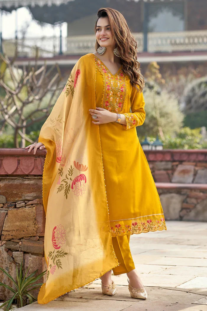 Eshika Mustard Chanderi Straight Kurta Dupatta Set