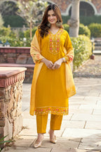 Eshika Mustard Chanderi Straight Kurta Dupatta Set