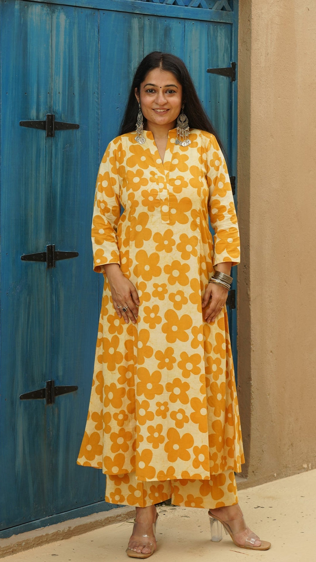 Kosha - Yellow Floral Kali Kurta In Cotton