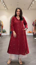 Tara Hand Woven Kali Kurta In Cotton - Maroon