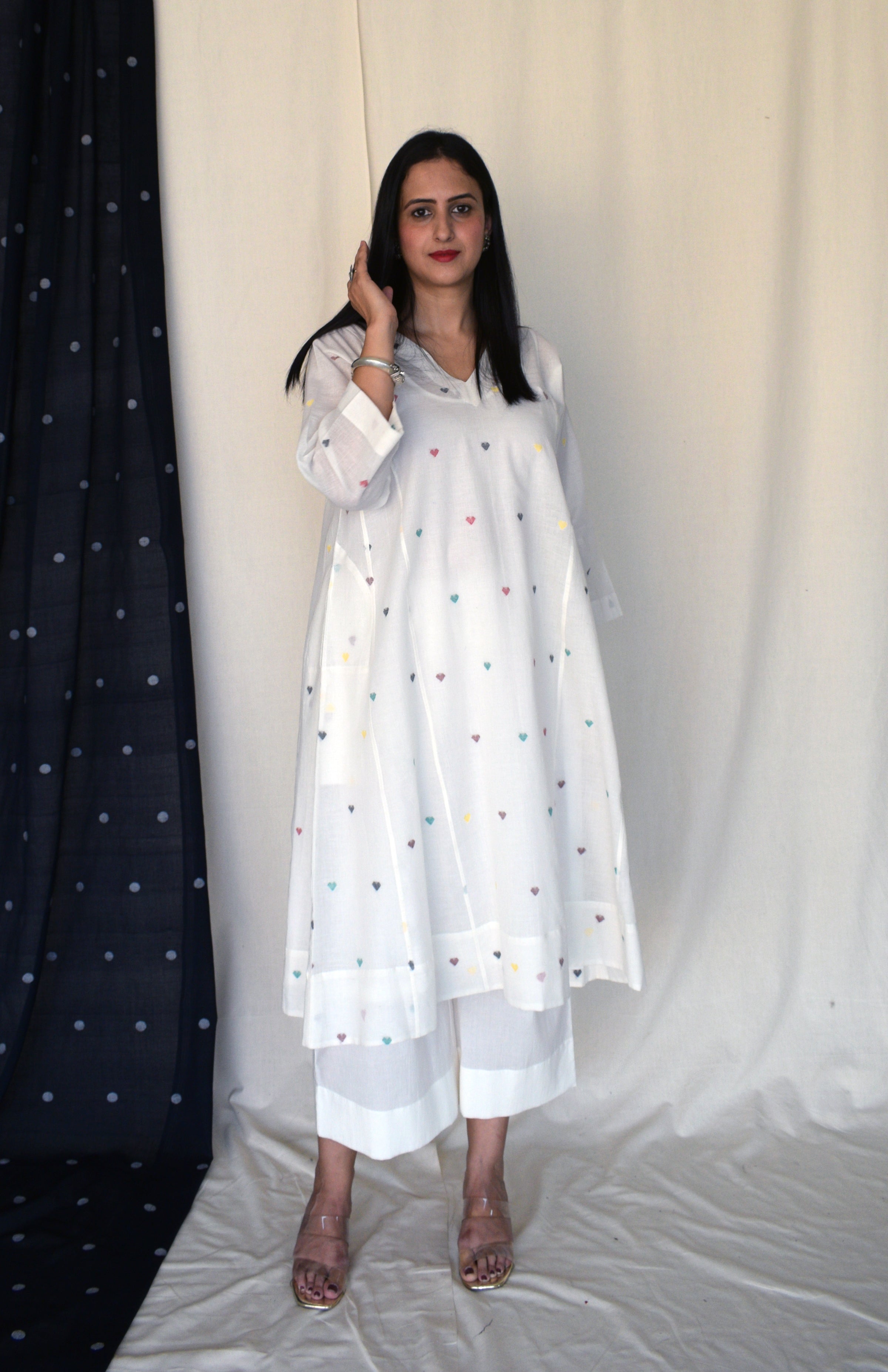 Pearl White Jamdani Phiran with Off White Pyjama