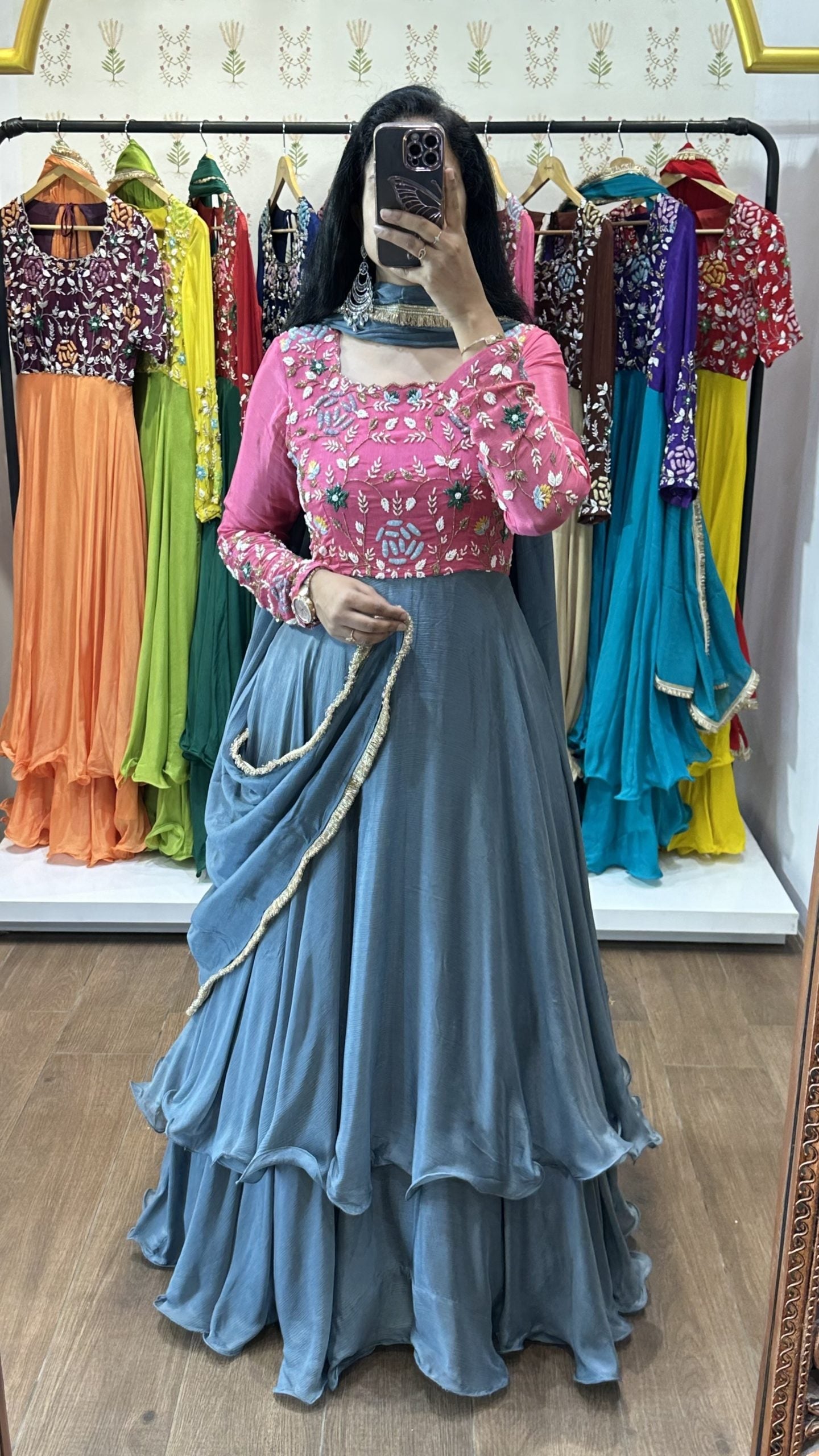 Urvashi Pink Grey Printed Suit Set