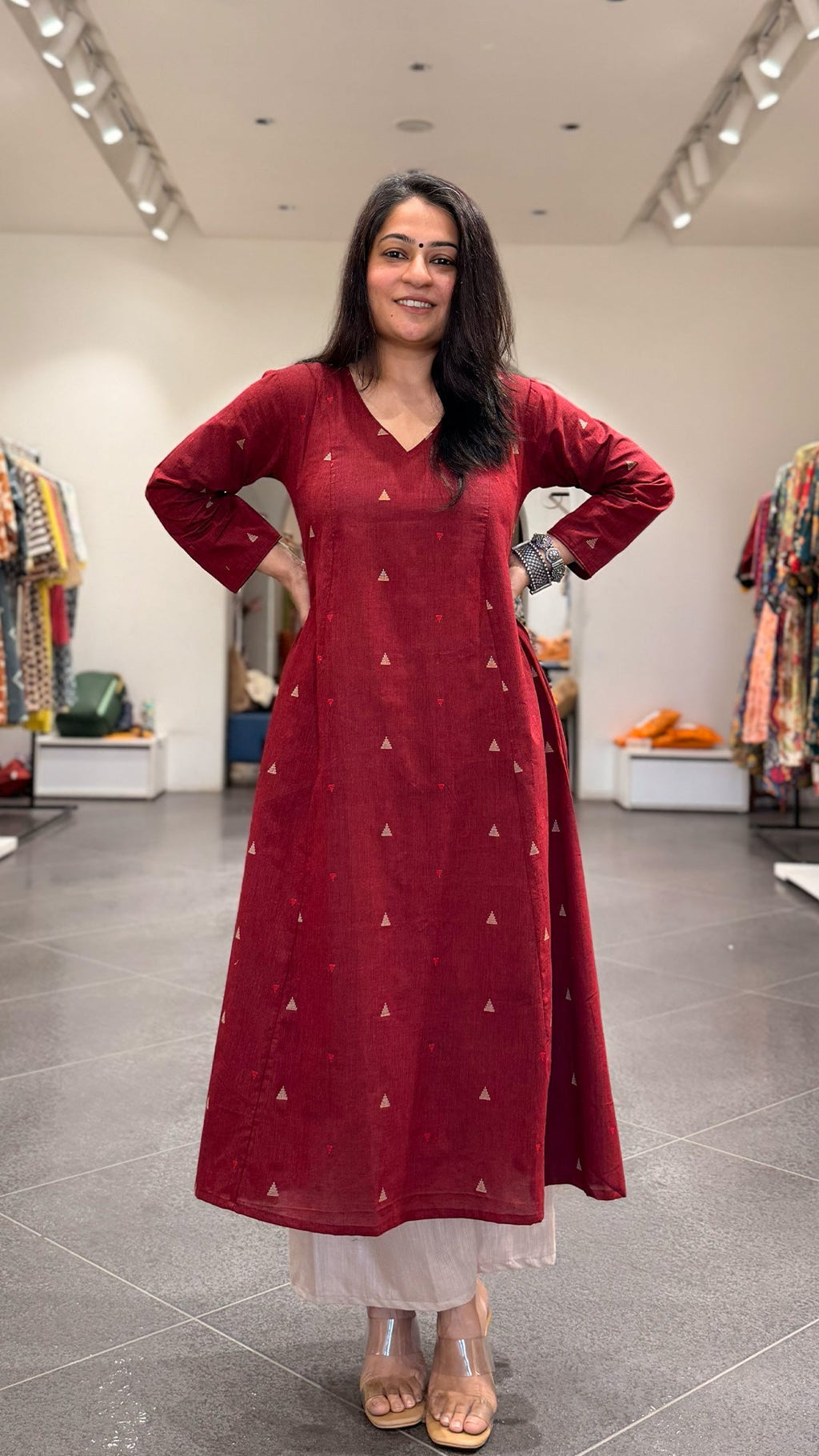 Tara Hand Woven Kali Kurta In Cotton - Maroon