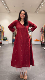 Tara Hand Woven Kali Kurta In Cotton - Maroon