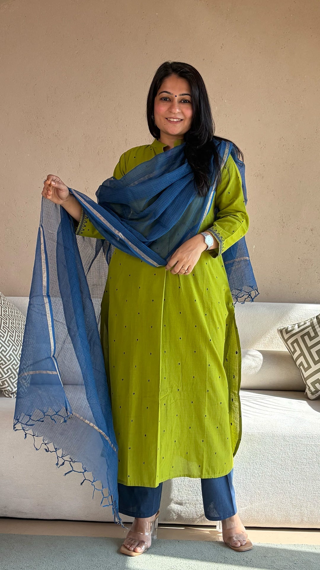 Mihika Green Hand Woven Cotton Kurta