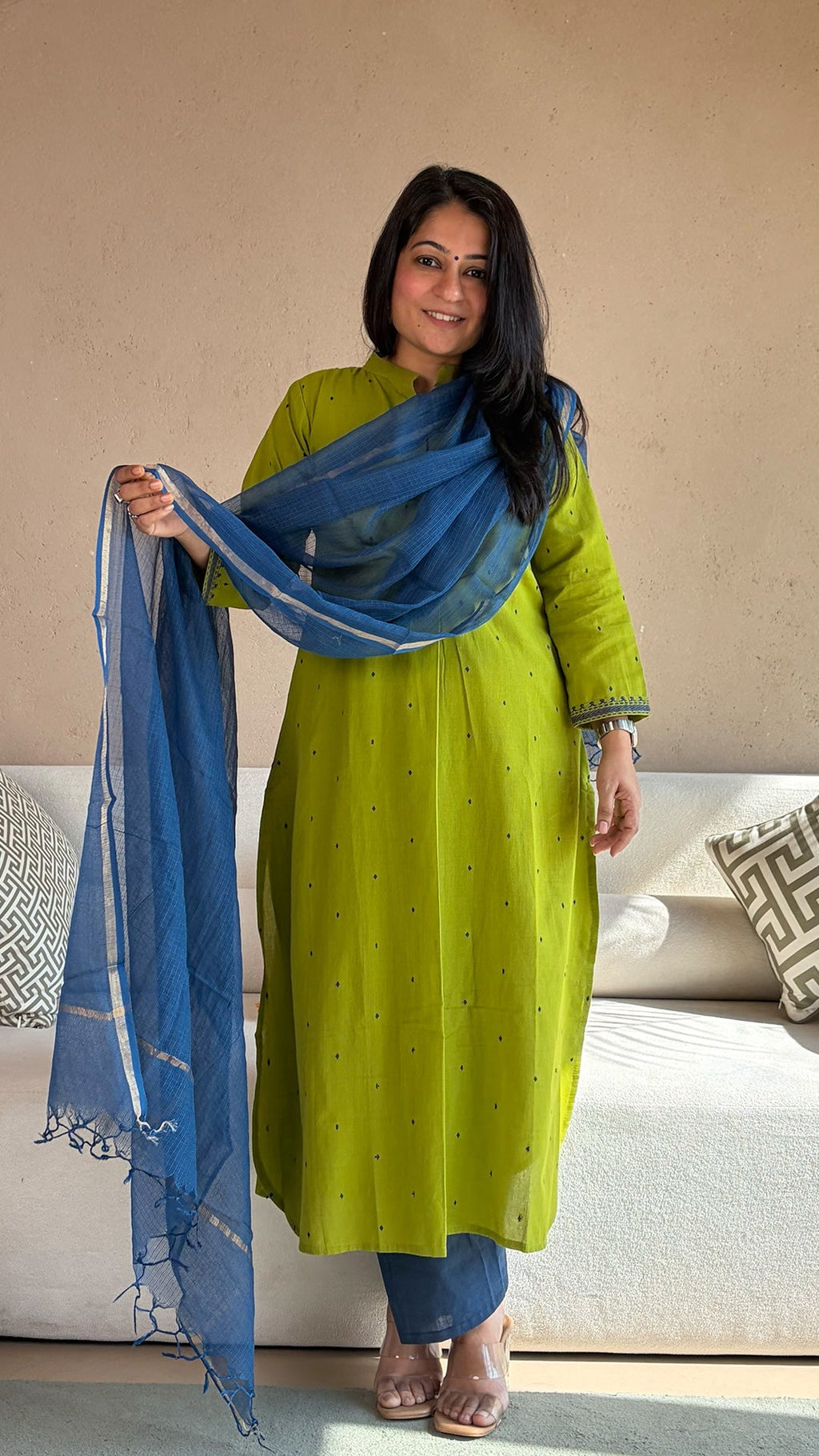 Mihika Green Hand Woven Cotton Kurta