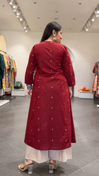 Tara Hand Woven Kali Kurta In Cotton - Maroon