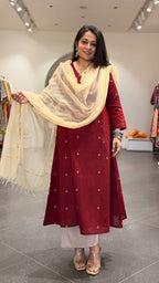Tara Hand Woven Kali Kurta In Cotton - Maroon