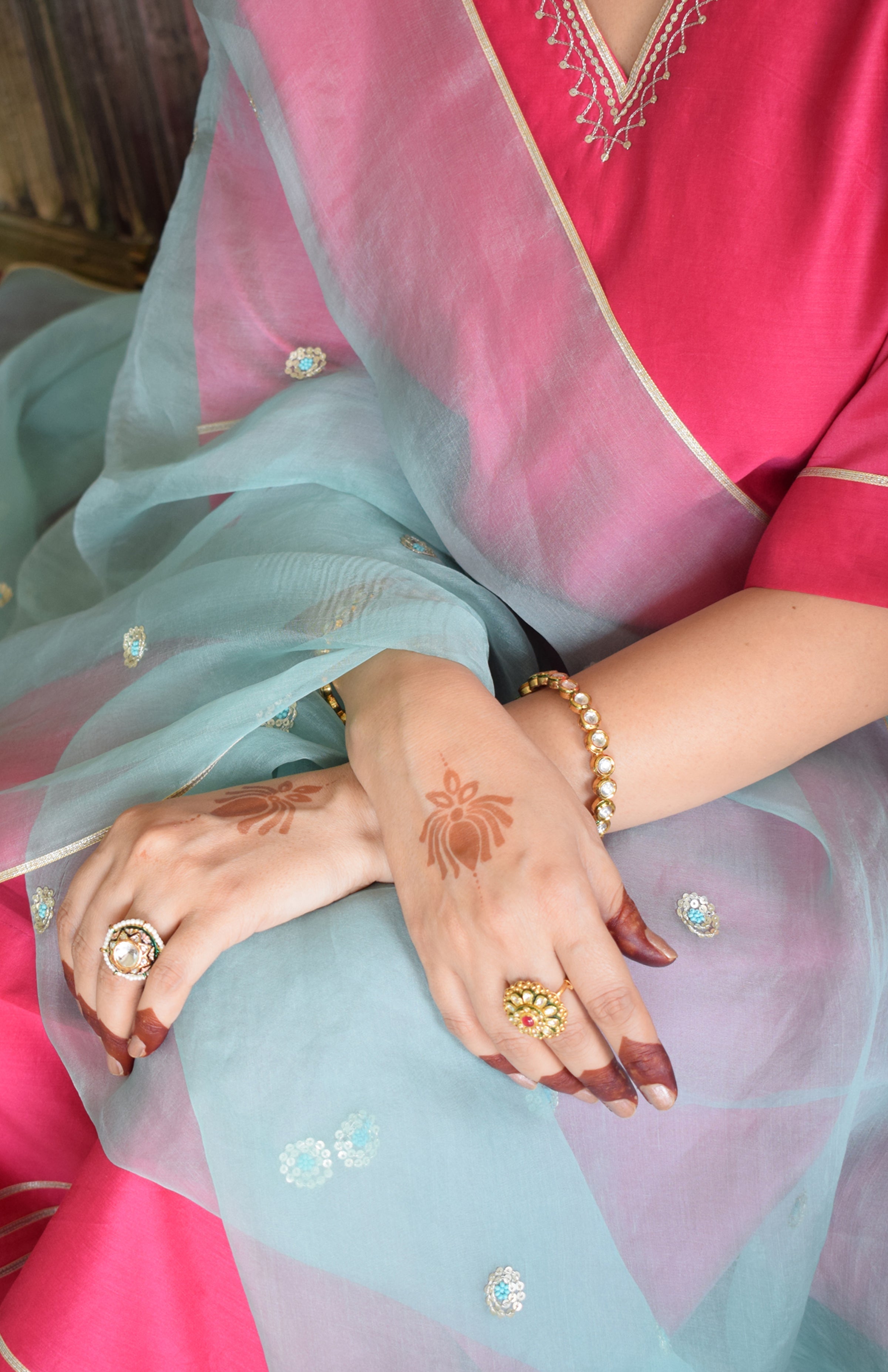 Rohini Chanderi Set with Hand Embroidered Choga Kurta and Wide Legged Pyjama
