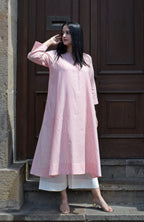 Coral Stripe A line kurta in Handwoven cotton