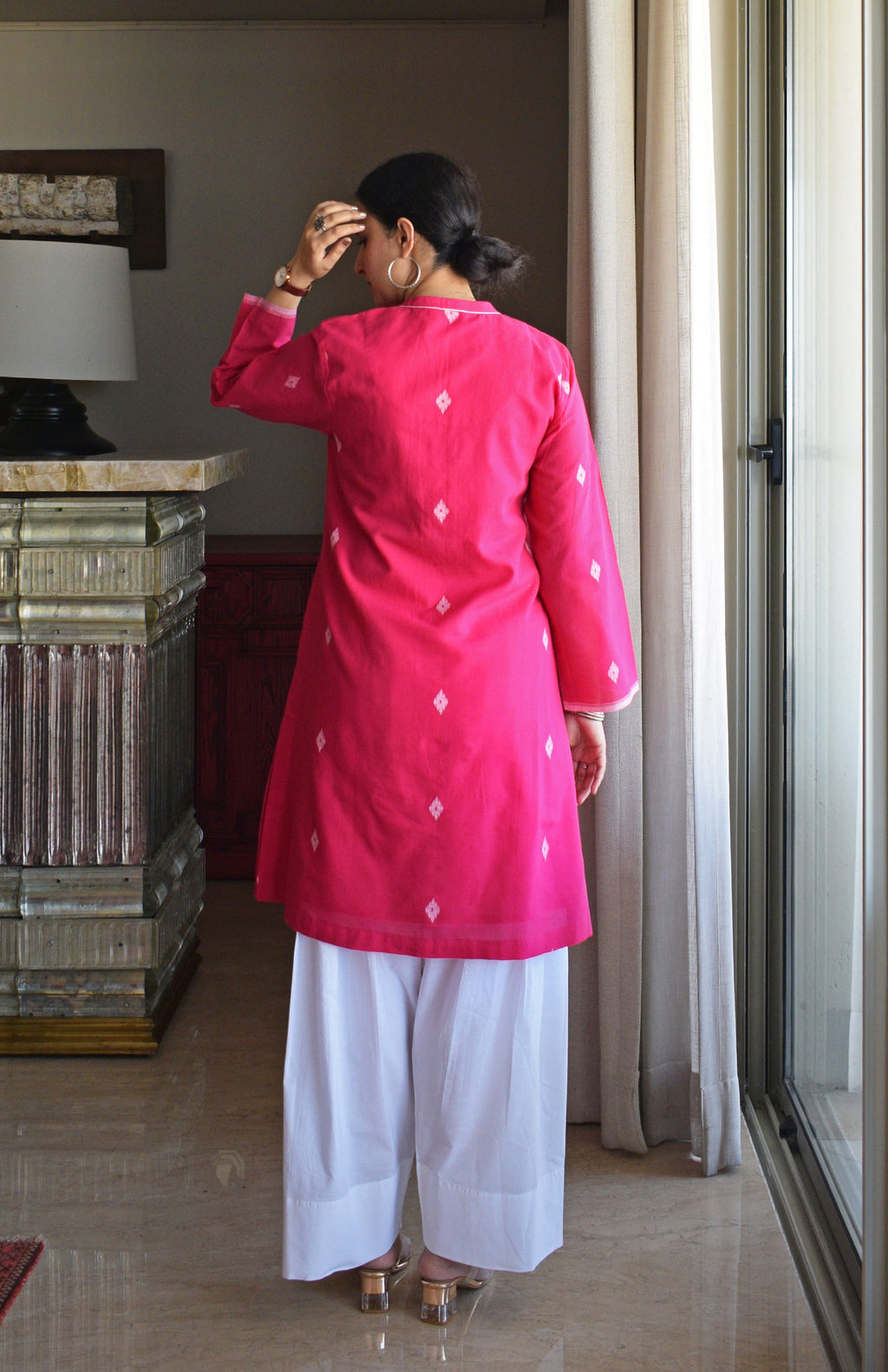 Rani Pink Jamdani Short Kurta with Pleated White Pyjama