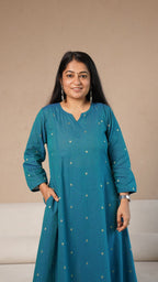 Keya Hand Woven Golden Zari Motif Kali Cotton Kurta - Blue