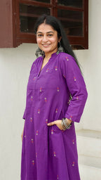 Veda Flower Motif Hand Woven Kali Cotton Kurta - Purple