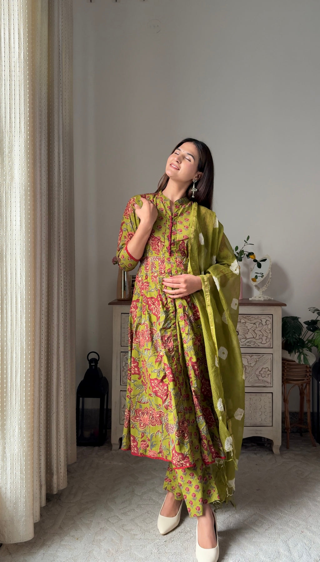 Suneera Olive Olive Green Cotton Anarkali Suit Set