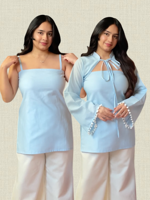 Baby Blue Cotton 2 In 1 Jacket Kurti And Farsi Salvar