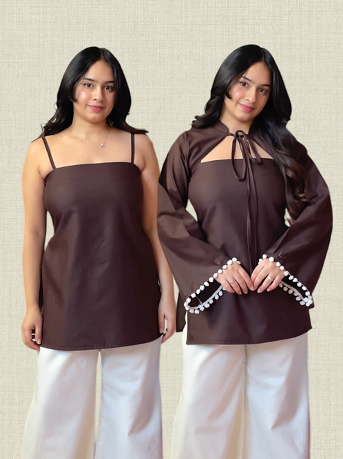 Brown Cotton 2 In 1 Jacket Kurti Plazo Set
