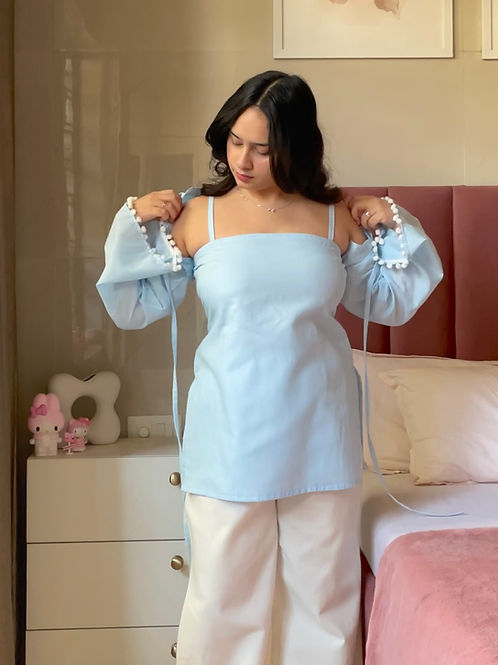 Baby Blue Cotton 2 In 1 Jacket Kurti And Farsi Salvar