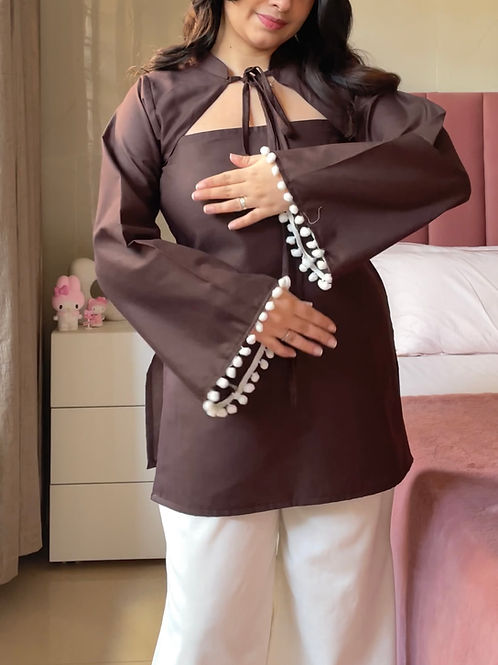 Brown Cotton 2 In 1 Jacket Kurti Plazo Set