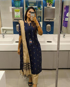 Niral Blue Raw Silk Kurti Pant Dupatta Set