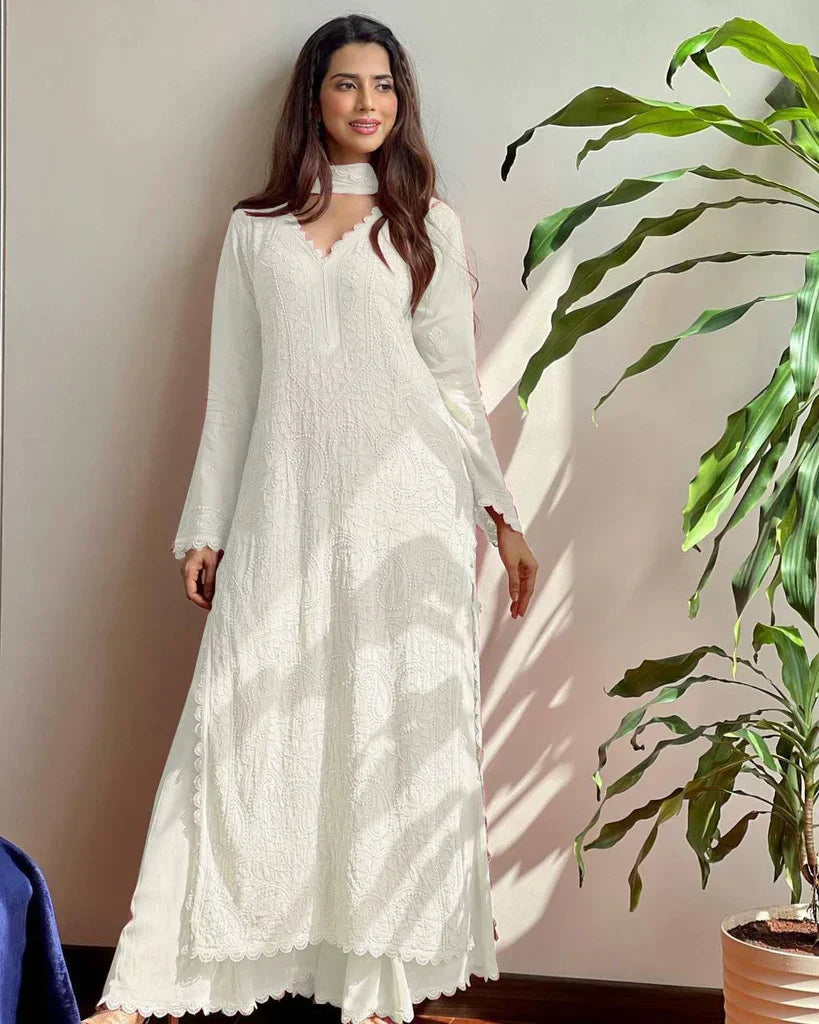 Iyla White Chikankari Kurta Palazzo Set