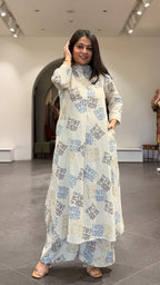 Mahuva Ajrakh Cotton Hand Block Kurta Set- Ivory