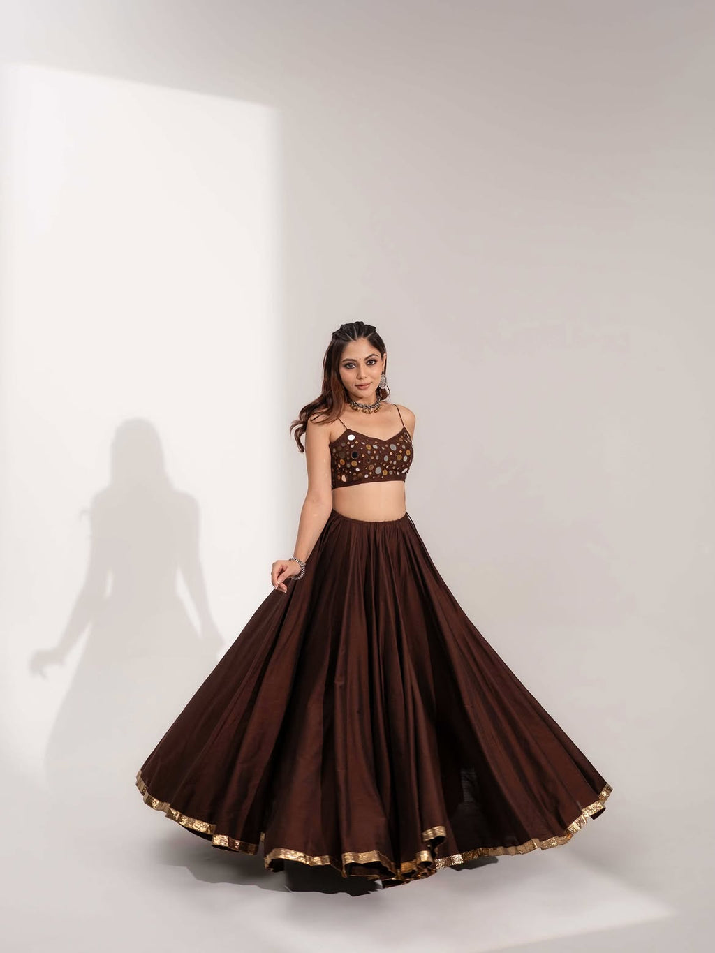 Chocolate Brown Mirror Work With Flared Lehenga & Dupatta Set