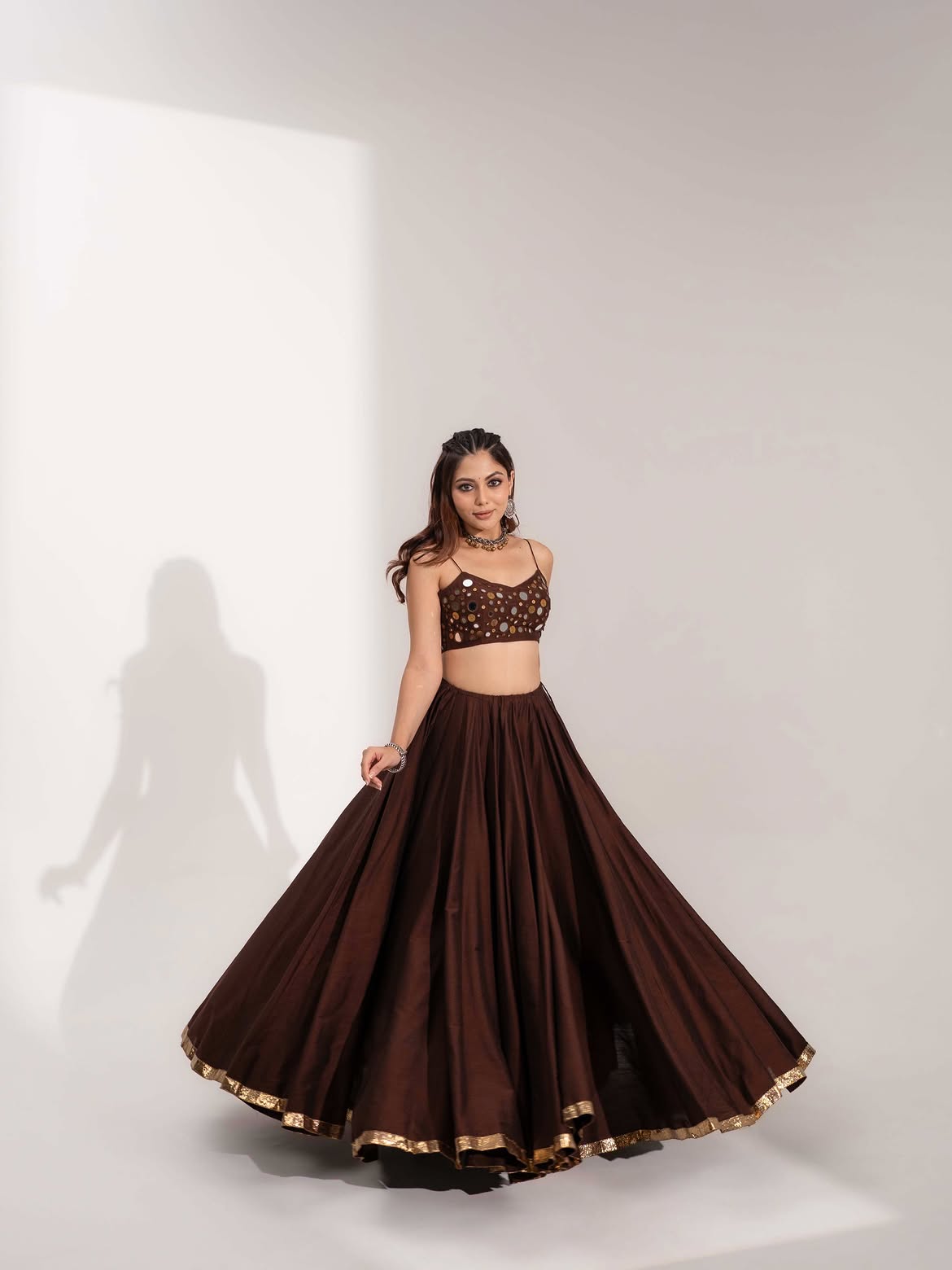 Chocolate Brown Mirror Work With Flared Lehenga & Dupatta Set